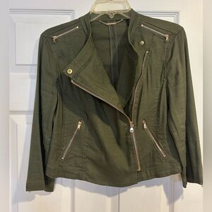Vintage Chico's Black Label Moto Jacket Olive Green Gold Zippers Size 0 (XS)